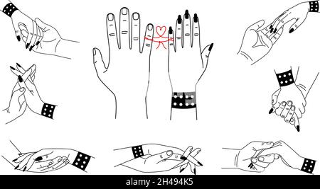 Lovers hands. Love friendship marriage couple hand gestures, male and female togetherness holding palms lines vector illustration, lover romance relationships sketch illustrations isolated on white Stock Vector