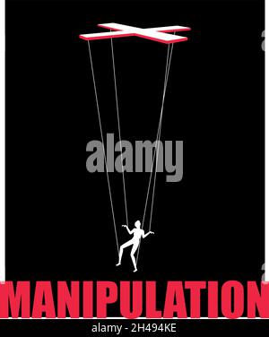 Marionette concept. Woman puppet on boss hand ropes, business exploit control manipulation comncept, puppeteer controlling vector image on black background Stock Vector