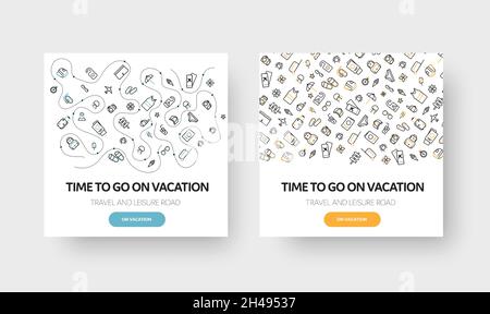 Vector square banner design on the theme of travel, weekend and summer vacation, with a pattern of linear icons. White template with yellow and blue b Stock Vector