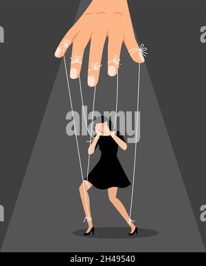 Woman puppet doll. Master puppeteer with girl toy on ropes, women relationships manipulation vector concept, business hand controling and manipulating, marionette in black dress illustration Stock Vector