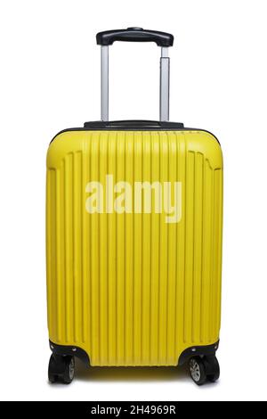 Yellow suitcase for traveling on wheels, white background isolate Stock Photo