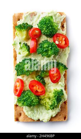 Healthy rye crispbread with broccoli isolated on white background, top view Stock Photo