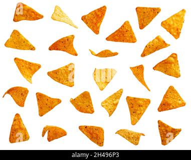 Nachos corn chips flying in the air, isolated on white background Stock Photo