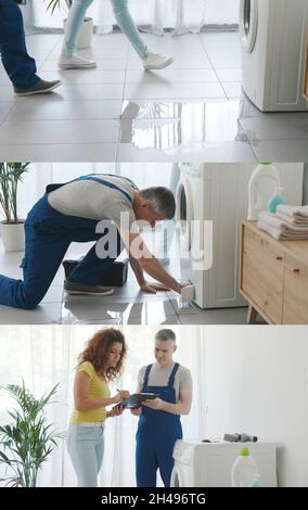 Professional plumber repairing a washing machine: the woman shows the leaking appliance to the man, he repairs it and she signs the invoice Stock Photo