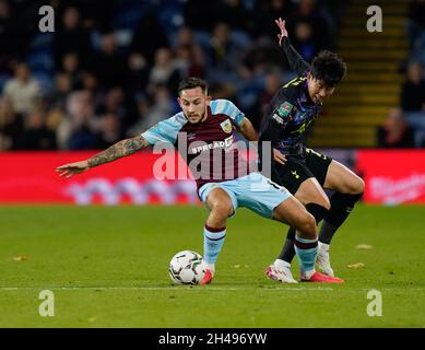 Tottenham Hotspurs Son Heung-Min competes for the ball with Burnley's Josh Brownhill: Picture by Steve Flynn/AHPIX.com, Football: Carabao Cup Fourth R Stock Photo