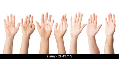Group of people raised hands up as an approval, awerness or confirmation gesture. High quality photo Stock Photo