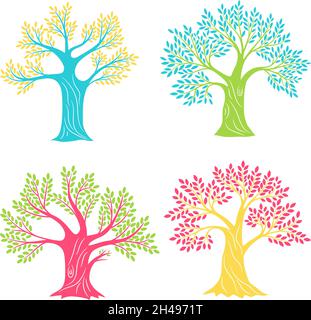 Coloured oak trees. Beech or olive antique tree set sketching isolated for logo, vintage oaks silhouettes color artwork creativity vector illustration on white Stock Vector