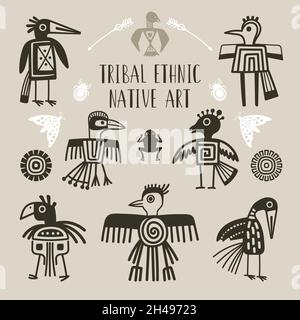 Tribal ethnic birds. Indigenous native engraved bird set, eagle raven tukan phoenix parrot, maori polynesian design wings tattoo occult animals vector images Stock Vector