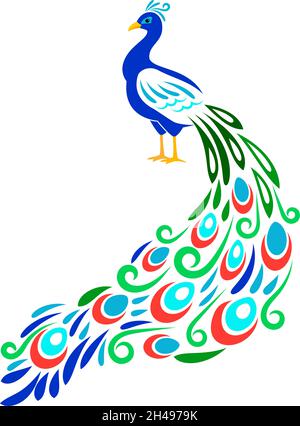 Stylized peacock. Color ornament peecoock animal with floral style tail feathers image, cutting vector ornamental design isolated on white background Stock Vector