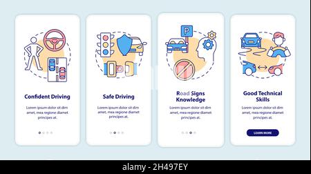 Driving course results onboarding mobile app page screen. Drivers license walkthrough 4 steps graphic instructions with concepts. UI, UX, GUI vector t Stock Vector