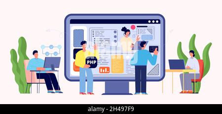 Web developers and users. Programmers create site page and design. Man and woman using internet services. Cloud workers, technology progress vector Stock Vector