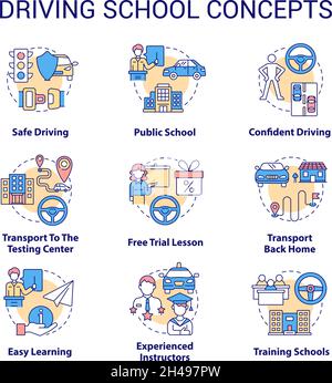 Driving school concept icons set. Car riding education idea thin line color illustrations. Learning road signs and rules. Drivers license. Vector isol Stock Vector