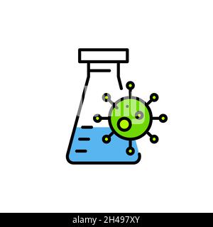 Coronavirus vaccine lab research colorful icon. Covid molecule over a laboratory flask. Pixel perfect, editable stroke. Stock Vector