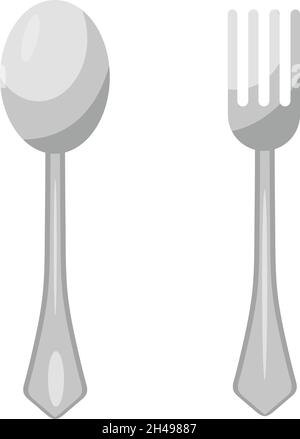Silver spoon and fork, illustration, vector on a white background. Stock Vector