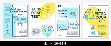 Driving school yellow and blue brochure template. Drivers education. Flyer, booklet, leaflet print, cover design with linear icons. Vector layouts for Stock Vector