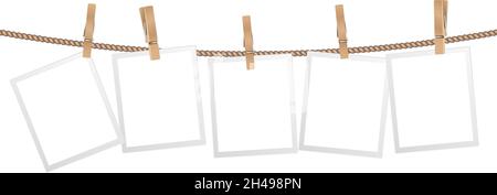 Realistic photo frames. Frame hanging on wooden clothespins on rope. Modern stylish decorative element for interior design, isolated scandinavian home Stock Vector