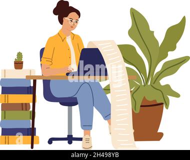 Accountant character. Woman writing on computer, long checklist. Writer or journalist, student study at desk. Tired creative girl works vector concept Stock Vector