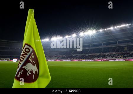 Turin, Italy, 30th October 2021. A Torino FC branded corner flag is seen in a general view of the stadium prior to kick off in the Serie A match at Stadio Grande Torino, Turin. Picture credit should read: Jonathan Moscrop / Sportimage