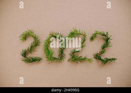 Lightbox with 2022 numbers handmade from Christmas tree branches. Stock Photo