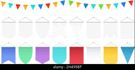 Realistic hanging flags. White pennant mockup, festival party flag banners. Isolated anniversary or ad decorations vector collection Stock Vector