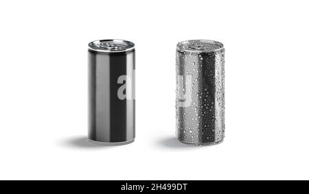 Blank black aluminum 280 ml soda can mockup set, front view, 3d rendering. Empty cold carbonated beverage mock up, isolated. Clear fizzy pop beer cont Stock Photo