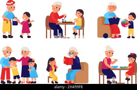 Old people and kids. Grandparent and grandchild, kids visit grandma. Cartoon girl support old woman. Elderly and young persons together decent vector Stock Vector