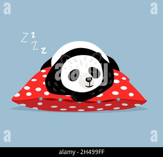 Sleeping panda. Cute lazy asian bear on polka dot red pillow, tired sleep comic animal bears vector cartoon illustration, kawaii relax weekend character mascot isolated on blue Stock Vector