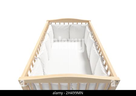 Blank wood cot with white crib sheet, protective bumpers mockup, 3d rendering. Empty lattice protect bassinet with pillow mock up, isolated. Clear cos Stock Photo