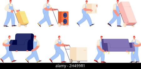 Delivery service characters. Warehouse man, objects logistics job. Relocation help, workers carrying sofa and container. People moving utter vector Stock Vector