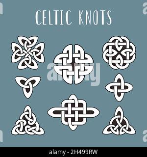 Celtic knots. Beautiful celtics knot symbols, eternal trinity trefoil unity energy interconnected knotted icons isolated on color background, tribal irish celt loops vector signes illustration Stock Vector