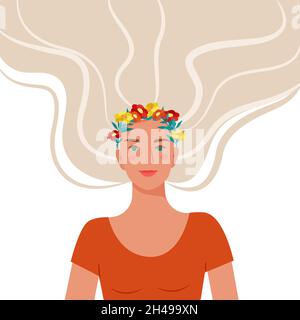 Girl in a wreath. Portrait of an attractive young girl. Vector illustration in flat style Stock Vector