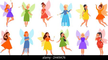 Little fairy collection. Kids fairies in dress, funny magical girls with wings. Cartoon tales characters, cute fantasy decent vector female set Stock Vector