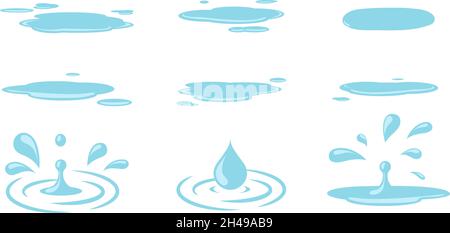 Puddle and drops. Water drops, isolated puddles cartoon elements. Autumn spring weather set, tears or rain vector set Stock Vector