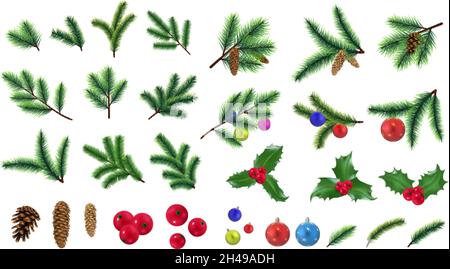 Realistic fir branches. Pine branch, christmas tree decorations. Isolated cones, red berry, festive balls. Green natural holidays, new year decorative Stock Vector