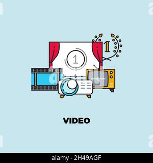 Vlog concept. Online video making, self channel blog line icons. Views and subscriber leadership vector illustration Stock Vector
