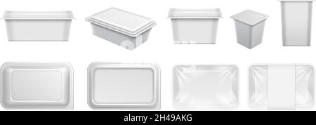 White plastic containers. Food container, packaging for take away and yogurts. Realistic boxes for cafe, bar, restaurant, top view reusable dishes Stock Vector