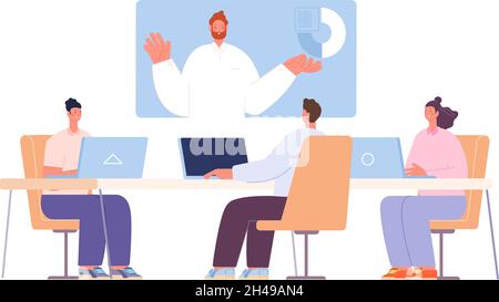Online meeting with boss. Business video call, webinar or remote training. Company tv meet with manager in conference room utter vector scene Stock Vector