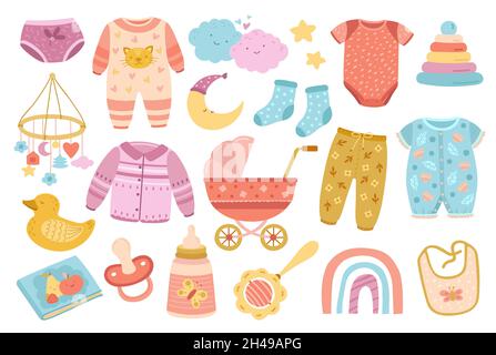 Cute nursery elements. Scandinavian baby shower, doodle toddler fashion clothes and accessories. Flat rainbow, funny kid objects exact vector set Stock Vector