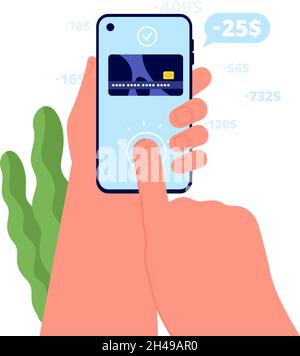 Pay by phone. Bills paid, ecommerce mobile services. Hand hold smartphone and approved payments. Credit debt control management utter vector concept Stock Vector