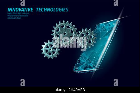 Smartphone settings help service low poly. New version software mobile system upgrade internet upload. Online information touch screen. Polygonal Stock Vector