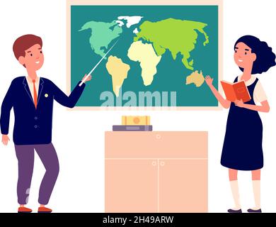 Geography lesson. Children back to school concept, young students look at world map. Cartoon boy girl wear college uniform vector characters, study in Stock Vector