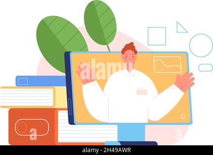 Online teacher. Virtual learning courses, young college coach on screen. Distance school, remote mentoring on training utter vector concept Stock Vector