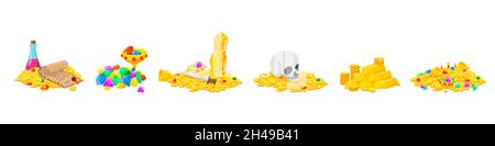Cartoon gold treasure. Isolated golden pile, metallic bricks bar. Game ancient elements, money coins and diamonds in bowl. Financial recent vector set Stock Vector
