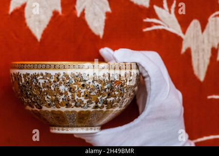 London, UK. 1st Nov, 2021. A fine satsuma bowl, late 19th century, est £6-8,000 - Preview of the Asian Art sales at Bonhams New Bond Street, London. The sales are between 02 and 04 November. Credit: Guy Bell/Alamy Live News Stock Photo