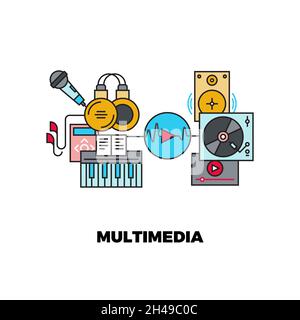 Online podcast. Radio music web service, headphones microphone outline icons. Musical app vector concept Stock Vector