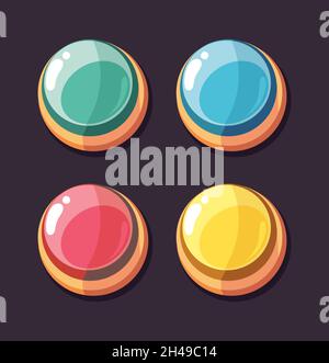 Round interface buttons. Cartoon color button, user app gaming development elements. Game design, shine glossy vector icons set Stock Vector