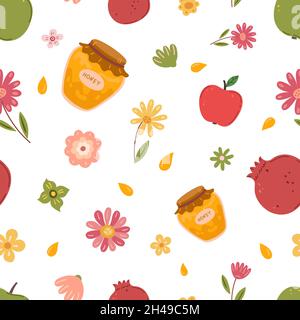 Autumn harvest seamless pattern. Honey, apple and pomegranate. Delicious fresh food. Rosh hashanah, Jewish New Year festival symbols vector background Stock Vector