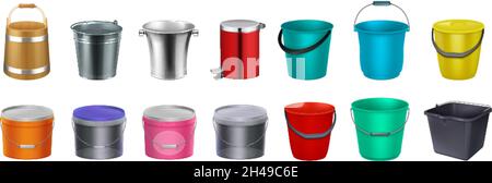 Realistic buckets. Paint packaging, metal bucket. Isolated 3d products, plastic container mockup and wood bin vector design Stock Vector