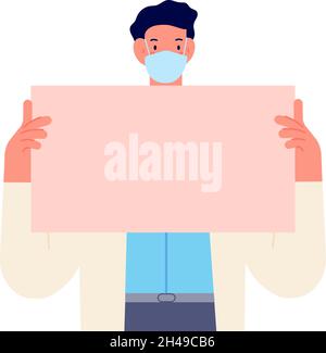 Doctor holding banner. Nurse caring medical blank poster, healthcare communication. Hospital report, medic with placard utter vector concept Stock Vector