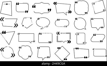 Quote text frames. Information bubbles, quotes note message or texting block. Black line info banner, creative quotation shapes vector set Stock Vector
